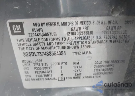 2008 Saturn Vue z USA, uszkodzony, nr VIN 3GSD17373748S5543